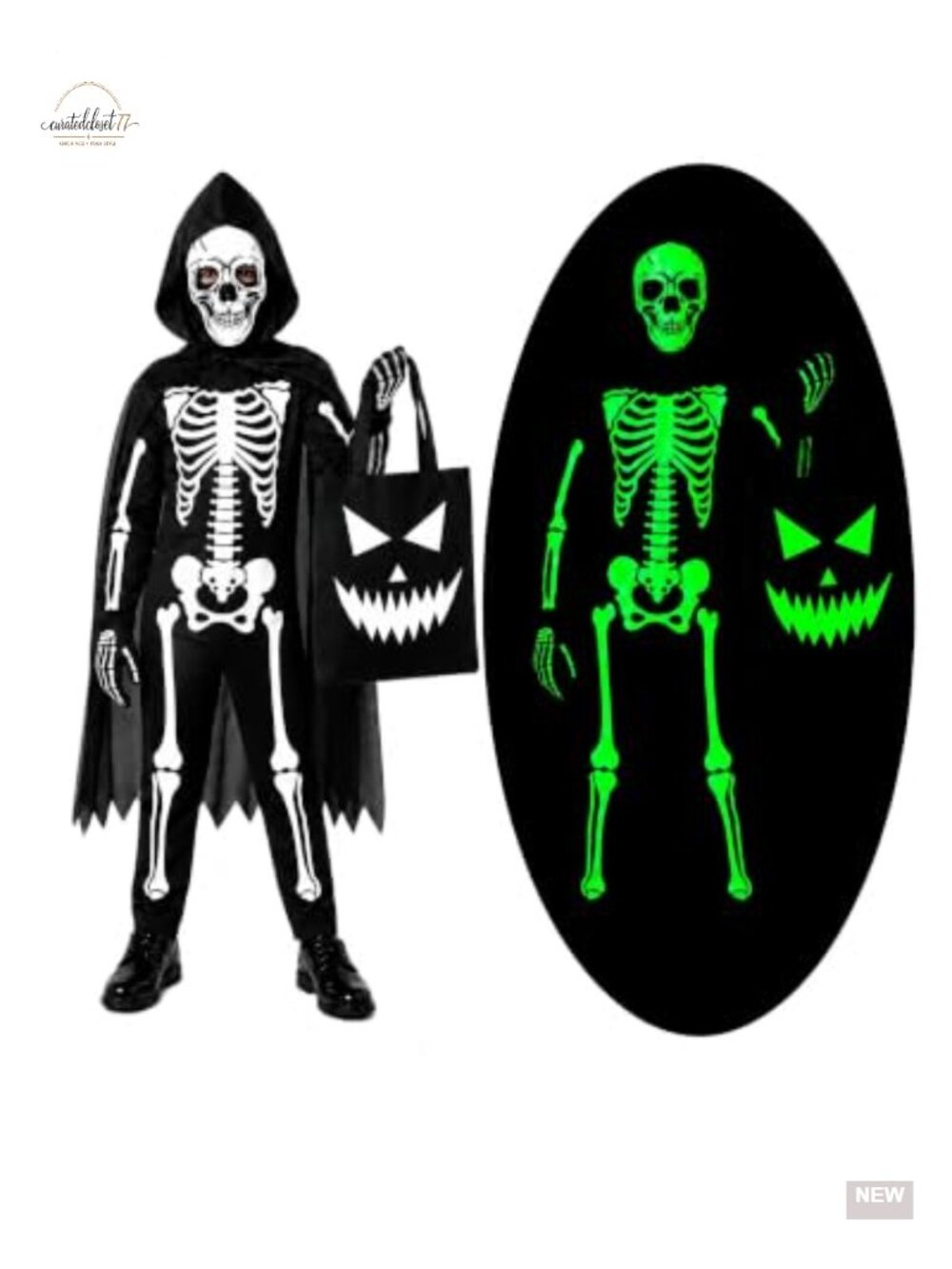 Glow in the Dark Skeleton Jumpsuit Costume Kids Halloween Dress Up 4 Piece Set